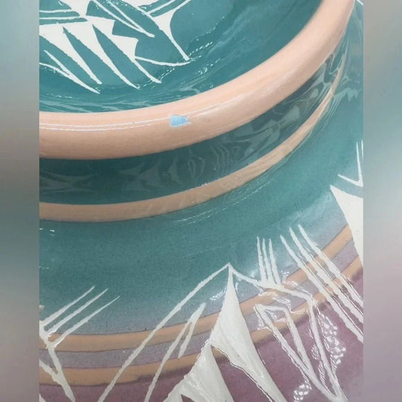 Clay Navajo Pottery Handcrafted Serveware Ombré Teal and Rose White Etchings - Picture 3 of 4